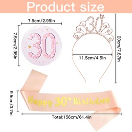 Xrten Geburtstag Schärpe zum 30,Birthday Girl Headband,Roségold-Geburtstagsschärpegeburtstagsfeier 30-Jahre Alte Set Haarreifen,Krone Band, Zinn Brust Abzeichen Set,Geburtstag Geschenke Frauen Deko