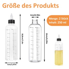 YUNXCNA Squeeze Bottle 250 ml, Pack of 2 Transparent Squeeze Bottles, Dosing Bottle with Black Screw Cap and Scale, Clear Oil Dispenser Squeeze Bottle, for Sauces, Ketchups and Oils