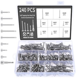 Gueenky Pack of 240 Self-Tapping Screws with Hexagon, 4.8 x 13-50 mm Self Tapping Screws Stainless Steel 8 Sizes Hexagonal Self-Drilling Screws with Drill Tip