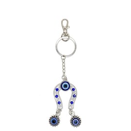 Bravo Team Horse Shoe with Blue Crystal Hanging Evil Eye Charms Keychain Ring w/Clasp - Sign of Good Fortune, Good Luck & Blessing - Home, Bags & Car Rear View Mirror Hanging Accessories
