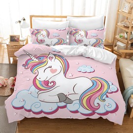 Leleyouzer Children's Unicorn Bed Linen Set, Pink Unicorn Bed Linen for Girls, Soft and Cuddly Microfibre Duvet Cover for Girls with 2 Pillowcases 50 x 75 cm (Unicorn 2, 135 x 200 cm)