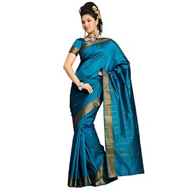 Sanskruti India - Vestido de tela para mujer, étnica india, tradicional, de Banarasi, de seda, Sari, Azul Teal, Talla única