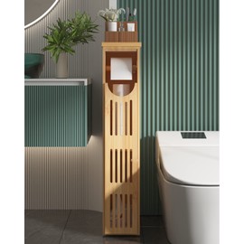 AmazerBath Toilet Paper Storage Cabinet Bamboo, Toilet Paper Holder with Storage for Small Spaces, Slim Bathroom Storage Cabinet, 33x7.3x6.5 Inches