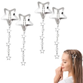 4 Pcs Star Pearl Snap Hair Clips, Cute Hair Barrettes Tassel Metal Hair Pins Wedding Prom Hair Styling Accessories for Women Girls, Silver