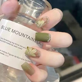 Flower Colors Press On Nails Short, Almond Glue On Nails, False Nails With Glue, Full Cover Green With Diamond Square Fake Nails Manicure Decoration Acrylic Nails for Women And Girls