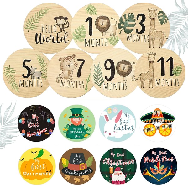 Baby Milestone Cards, KAMHBE 7 Pcs Baby Monthly Wooden Cards with 8 Pcs Festival Milestone Stickers Double Printed Baby First Year Growth Photo Props Unisex Baby Shower Gifts