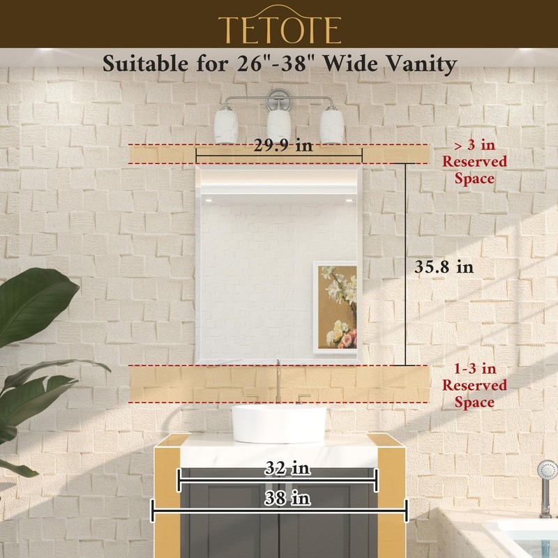 TETOTE 30" x 36" Rectangle Mirror with Frameless Tempered Beveled