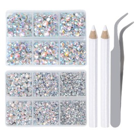 LPBeads 6400 Pieces Hotfix Rhinestones Crystal AB Flat Back 5 Mixed Sizes Crystal Round Glass Gems with Tweezers and Picking Rhinestones Pen