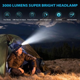 Sinvimes 3000 Lumen LED Rechargeable Headlamp, 95H Long Battery Life Head Lamp with 5 Modes & IPX7 Waterproof & Zoomable, 120° Adjustable Head Light for Adults, Outdoor, Camping, Hardhat