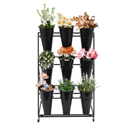 RudiUsoy Flower Display Stand with 9 Buckets, 3 Layer Metal Plant Stand Indoor with Wheels, Heavy Duty Moving Flower Cart Flower Rack for Outdoor Patio, Garden, Florist