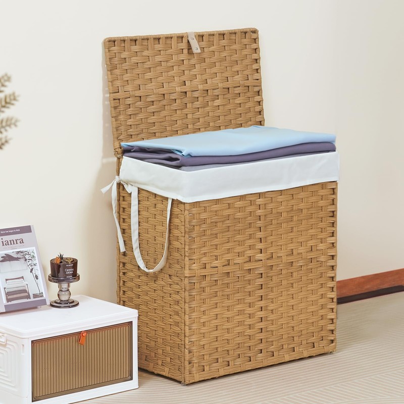 110L Laundry Hamper with Lid, Hand-Woven Pp Rattan Laundry Basket