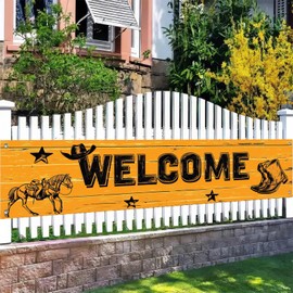 BlissYard Western Welcome Banner 118x20 Inch Cowboy Welcome Sign for Porch Rustic Western Decor with Horse Boot Hat Pattern for Country Party Decorations Outdoor Wall Display Outdoor Hanging Banner
