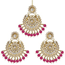 Aheli Exquisite Design Faux Kundan Beaded Earrings Maang Tikka Set Ethnic Indian Jewelry Gift for Women Rani Pink