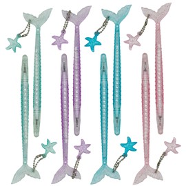 Maydahui 12PCS Cute Mermaid Shape Rollerball Pen Fish Pens Creative Crystal Flash Powder Starfish Pendant Signature Pen Black Gel Ink Design for School Student