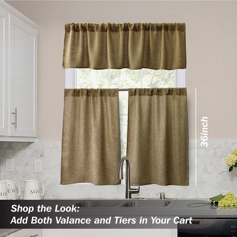 Valea Home Burlap Tier Curtains for Kitchen Rustic Tan Rod