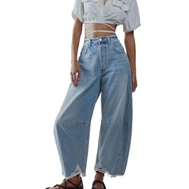 LifeShe Women's Baggy Wide Leg Barrel Jeans Casual Loose Boyfriend Raw Hem Denim Pants Light Blue