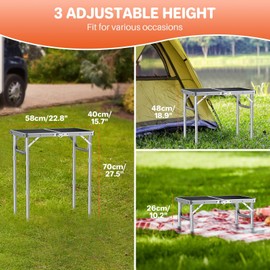 FUNYKICH 2ft Small Folding Camping Table, 3 Height Adjustable Portable Picnic Table, Lightweight Aluminum Outdoor Table with Carry Handle for Camping, Picnic, BBQ, 22.8'' Lx15.7'' W, Silver