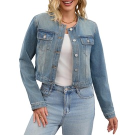 CIMUK Women's Denim Jacket Collarless Button Down 2025 Western Long Sleeve Jean Jackets Medium Vintage Blue