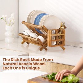 NOVAYEAH Acacia Wooden Dish Drying Rack for Kitchen Counter 2-Tier Collapsible Bmaboo Dish Drying Rack with Utensil Holder Dish Drainer Large Folding Wood Dish Drying Rack with Flatware Holder