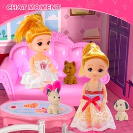 DIY Dollhouse for Girls - 4-Level 10-Room Villa with 2 Dolls, 4 Dogs & Rich Accessories, Dolls House Toys for Kids 4-8 Years Old