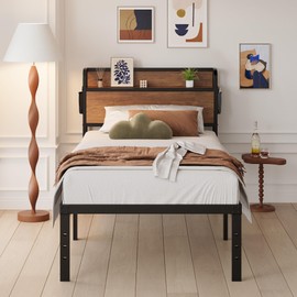 Maenizi 16 Inch Twin XL Bed Frames with Wood Headboard, Storage Bed Frame Twin XL No Box Spring Needed, Noise Free, Mahogany