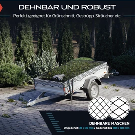 TRIBURG Trailer Net Stretchable 1.5 x 2.7 m to 2.5 x 3.5 m - Elastic Trailer Net with Corner Markings and Rubber Cord - Load Securing Net Elastic