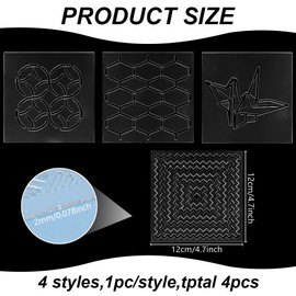 WEBEEDY 4 Styles Acrylic Sashiko Stencil Reusable Geometric,Thousand Paper Crane Sashiko Pattern Template for Beginners Sashiko Stencil Art Painting Templates DIY Wall Floor Décor(12x12x0.2cm)