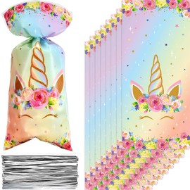 Zonon 100 Pieces Unicorns Goodie Bags Favor Bags Unicorn Cellophane Treat Pink Rainbow Gold Candy with 100 Silver Twist Ties Party Favor for Girls Birthday Baby Shower Supplies