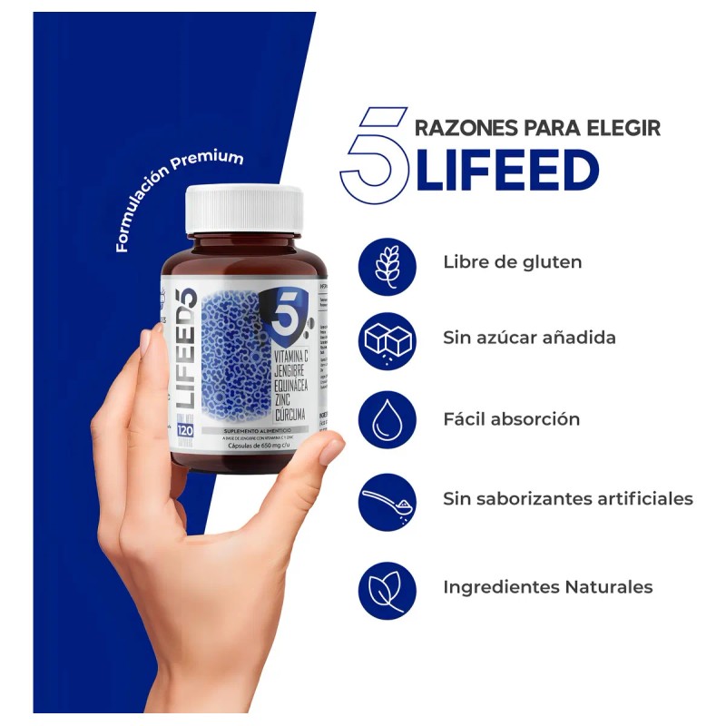 Vitamina C Vitamina D3 Equinácea Zinc Cúrcuma Lifeed5 Inmune Sin