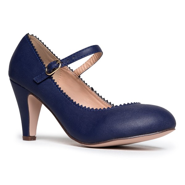 J. Adams - Zapatos de tacón de miel para mujer, punta redonda, borde festoneado, estilo retro, Mary Jane para mujer, piel vegano azul marino, 6 US