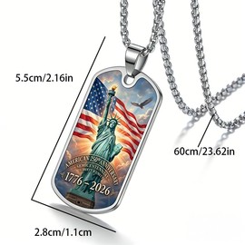 GuoShuang American 250th Anniversary Dog Tag Pendant Necklace, Silver Stainless Steel, Patriotic Bald Eagle & USA Flag Design, 1776-2026 Commemorative, with Box Chain