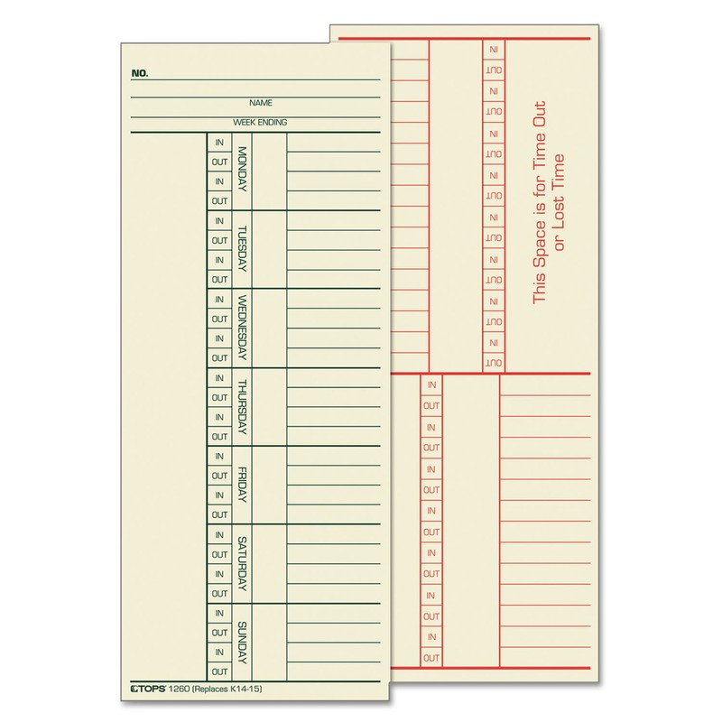 TOPS 1260 Time Card for Cincinnati, Named Days, Two-Sided, 3