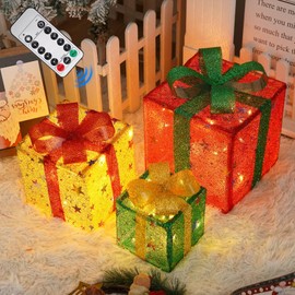 3 Piece Set Christmas Lighted Gift Boxes with 50 LED Lights, Dual Control Modes Pre-Lit Boxes Decorations, Battery-Powered Lighted Christmas Decorations for Christmas Trees and Porches