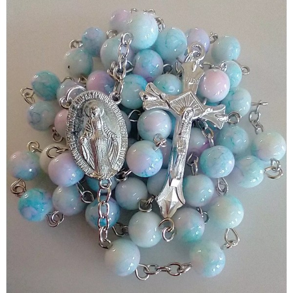Catholic Rosary Blue Pink White Glass Silver Tone Crucifix Miraculous