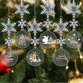 SUNYOK 30pcs Acrylic Snowflakes Christmas Tree Decorations Christmas Tree Snowflake Pendant with 6pcs Round Acrylic Disc Christmas Decoration Snowflake Hanging Ornaments for Christmas Party Decoration
