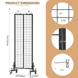 Urban Deco Grid Wall Panel Display Stand, 2.2' x 6.2' FT Gridwall Panel with Extra 8 Hooks, Craft Show Display Rack Black Metal Grids Standing Wire Rack for Retail Merchandise