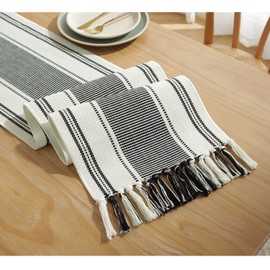 Caflife Boho Table Runner Balck and White for Modern Farmhouse Decor,Natural Cotton Woven Runner with Tassels for Home Dining Table décor 13 x 90 Inch Long