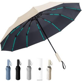 YUNYU Umbrella Windproof Strong, 12 Ribs Auto Open & Close Folding Travel, Compact & Durable UV Rain Protection for Men and Women,Beige