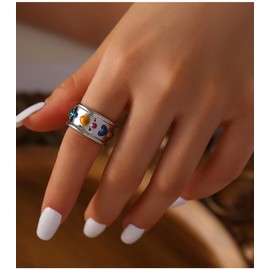 IMINI Colourful Heart Ring Band for Women Girls Men Stainless Steel Statement Ring Love Heart Wide Thick Finger Band Stackable Rings Engagement Promise Ring Bands, Non-precious metal, No Gemstone