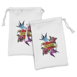 Ambesonne Tattoo Fabric Pouch Set of 2, Classic Old Design Mom and Dad Written Ribbon on Heart with Swallow Birds, Small Drawstring Bag for Toiletries Masks and Favors, 9" x 6", Multicolor