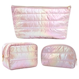Hiroyuki 3pcs Quilted Makeup Bag, Extra Large Iridescent Puffer Cosmetic Bag Zipper Toiletry Bag Set Travel Pouch Skincare Organizer Wash Bag (Pink 3pcs)