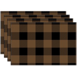 Black and Brown Buffalo Check Plaid Placemats Set of 4, 12x18 Inch Waterproof Stain Resistant Linen Table Placemats Farmhouse Kitchen Party Decor Home Décor