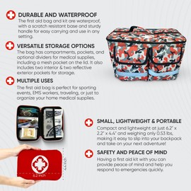 Waterproof First Aid Bag - 18 Pcs Starter Emergency Kit Bag w/Q-Tips,Scissors, Wipes, & More - Red Camouflage First Aid Kit for Home or Travel - Polyester EMS Bag for Coachers, EMS Workers, & More
