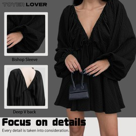 TOYER LOVER Women's Deep V-Neck Long Puff Sleeve Mini Dress - Sexy Backless Bodycon Dress Soft Flared Hem Dress for Summer Fall Spring(Black,Medium)