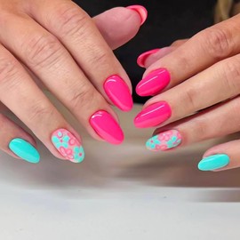 Flower Press on Nails Pink Fake Nails with Blue Design Floral Glue on Nails Glossy Artificial Acrylic Full Cover Stick on Nails Short Almond False Nails for Women Manicure 24Pcs