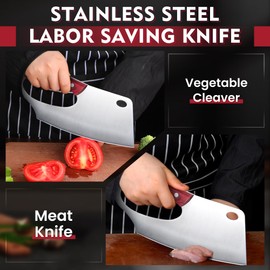 ROCOCO Meat Cleaver Knife Unique Effort Saving Professional Stainless Steel Kitchen Chef Cooking Knives for Cutting Meat Vegetable Thanksgiving Christmas Gift Red Full Tang 7.48"