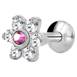 Forbidden Body Jewelry 16g 6mm-8mm Internally Threaded Tragus, Helix Earring and Labret Stud with Crystal Flower Top, Crystal