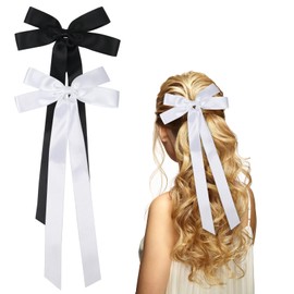 2Pcs Hair Bows for Girls, Satin Hair Ribbons Bow Hair Clips with Long Tail Hair Barrettes Hair Accessories for Women Girls(Black, White)