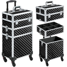 Yaheetech Rolling Makeup Train Case 3 in 1 Cosmetic Case Professional Makeup Suitcase Large Aluminum Cosmetic Trolley with Swivel Wheels and Key, Diamond Pattern- Black