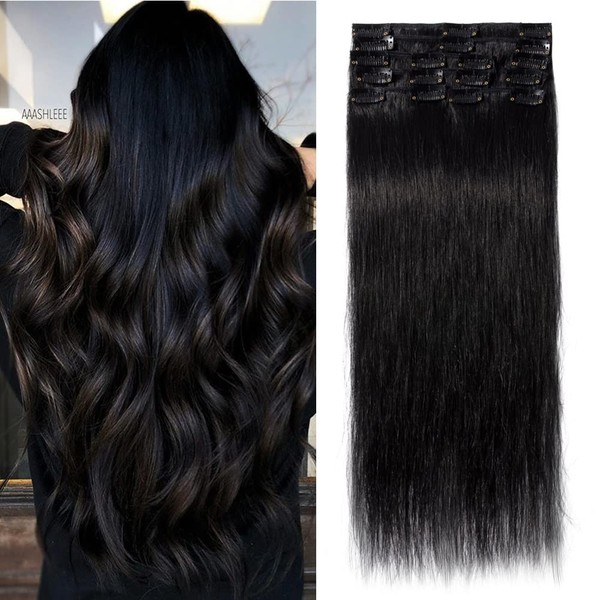 TESS Real Hair Extensions, Clip in Hairpieces Black No 1 Remy Hair Extensions, Cheap Hair Extension 18 Clips / 8 Wefts, Long Straight, 20 Inch (50 cm) – 70 g.